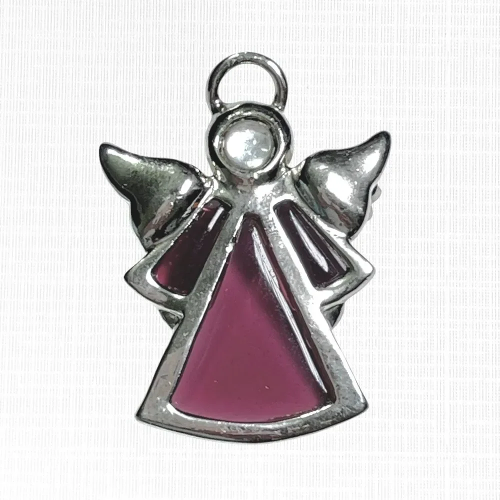 VTG Purple Stained Glass Angel Pin Brooch Silver Tone Celestial Guardian 1.75